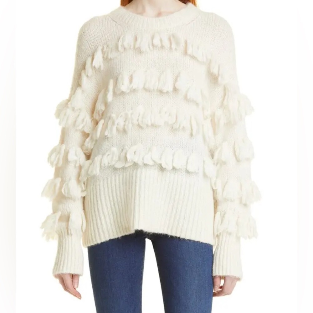 Cinq à Sept Aurelia Tassel Fringe Mohair Wool Blend Sweater | Ivory | NWOT | M